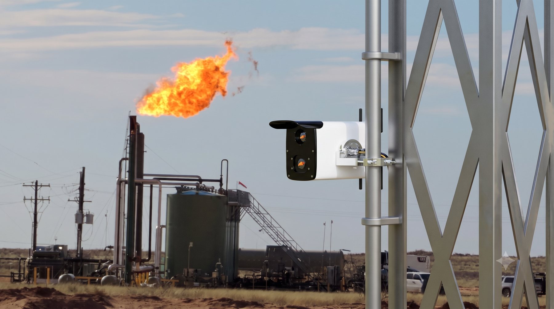 A CleanConnect Alta flare monitoring unit mounted on a pole at a production site, aimed at a lit flare — the methane OGI and optical cameras watching combustion, flame, and smoke.